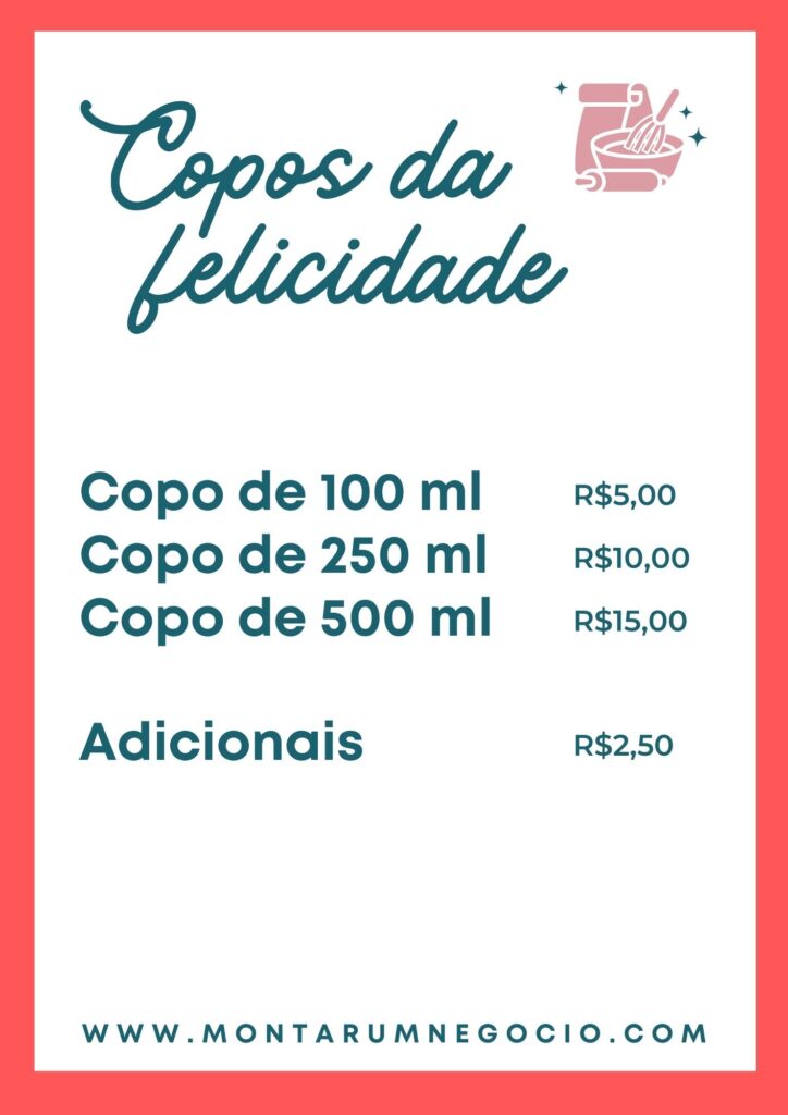 Tabela de preço de copo da felicidade Tabela de preço de copo da felicidade